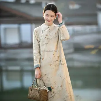 2023 есен зима, ново китайското стилно свободно топло рокля-чонсам с принтом, чаено художествено утолщенное рокля ципао, комплект източното ципао a796