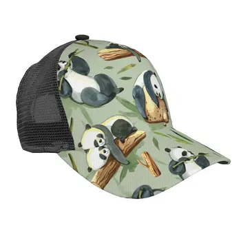 Акварел, панда с камъни, зелени пръски и листа, бейзболна шапка възстановяване на предишното положение, окото шапка, шапка шофьор на камион, градинска шапка за татко, Директна доставка
