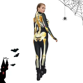 Жена гащеризон с виртуален скелет, 3D принт, костюм за cosplay за Хелоуин, с цип, монтиране гащеризон за Хелоуин, тема партита