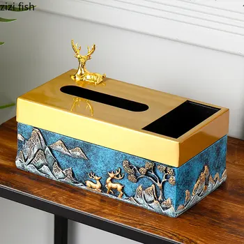 Желязна художествена кутия за салфетки от смола, Правоъгълна Кутия за съхранение на салфетки, декорация във формата на Елен, Държач за кърпички, Многофункционален Пулт за дистанционно управление, Кутия за съхранение