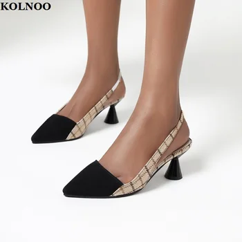 Kolnoo/ново записване, дамски сандали изработени ръчно, чубрица стилни сандали на среден ток, кожени обувки в стил мозайка с флип от облегалката, вечерна мода обувки, лидер на продажбите