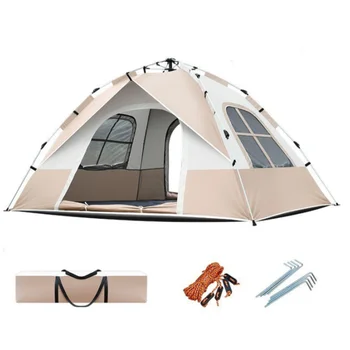 Кемпинговая палатка за 3-4 човека, Напълно автоматична палатка едно натискане на бутон, водоустойчива, защитена от слънцето, с 2 врати и 2 прозореца, Голяма семейна туристическа палатка