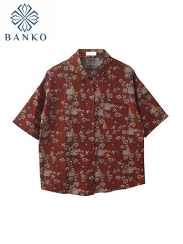 Елегантна дамска риза с къс ръкав, червена блуза, поло с флорални принтом и риза Дамска мода оверсайз Harajuku, реколта блузы 2023