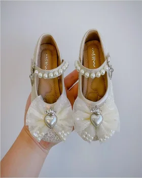 Есен 2023, нова детски обувки за момиченце, обувки принцеса с хубав нос, корейската версия, Темпераментен кожени обувки за момиченца с пайети