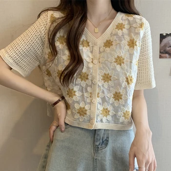 Нови корейски отворени блузи с флорални принтом на куката, модерен жилетка с къс ръкав, блуза, однобортная жените риза