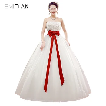 Безплатна доставка, реални снимки, сватбена рокля от бял тюл без презрамки, бельо, с червен колан