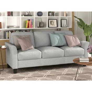 3-Местен диван за дневна диван от ленена тъкан (светло сив), сиво плат [в наличност в САЩ]