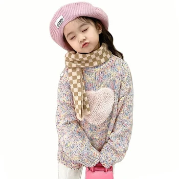 Детски пуловер с шарките на сърце, жилетка, пуловер за момичета, поло в разговорния стил, детска пролет-есен облекло за момичета
