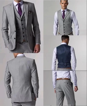 2021 Красив Мъжки Официален сив костюм За Сватбеното парти, Рокля на Булката, комплект от 3 теми, Направени по поръчка Костюми на Младоженеца Tuexdos terno (Яке + Жилетка + Панталони)