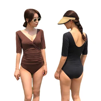 2023 Корейски стил, дамски цял бански със средния ръкав, консервативен бански с покритие на корема, празнична плажно облекло