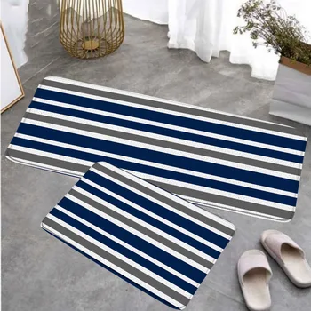Подложка за пода в синьо райе, сиво-бели линии, модерен минималистичен геометричен дълъг килим, украса на дома, Нескользящий мат, постелки за баня