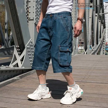Mcikkny Реколта мъжки летни дънкови шорти-карго с много джобове, сини директни къси дънки за мъже, големи размери 30-46
