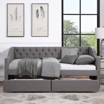 Мека двухразмерная диван с две чекмеджета, дървена планчатая разчита, сив