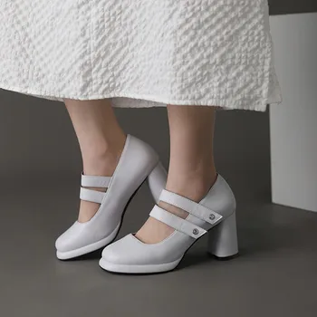 Извънгабаритни обувки голям размер на висок ток с квадратни пръсти на дебелите обувки Mary Jane прости и удобни