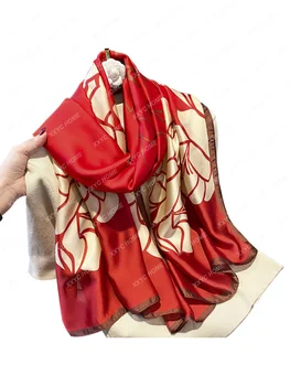 Китайски Стил, червен контрастен Цвят, Цвете мода, имитация на темперамент, копринен шал, Негабаритная външна шал, Стил на майката