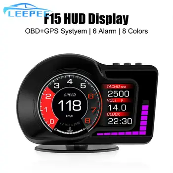 Авто централен дисплей F15, 6 функции аларма, HUD, бърз тест, скоростомер, OBD GPS, двойна система, сензор за оборота в минута, електронни аксесоари