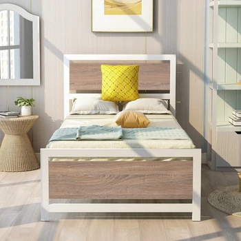 Рамка на легло от метал и дърво, със склад в САЩ с таблата и изножьем, легло на платформата Twin/Full/Queen Size, лесно се монтира