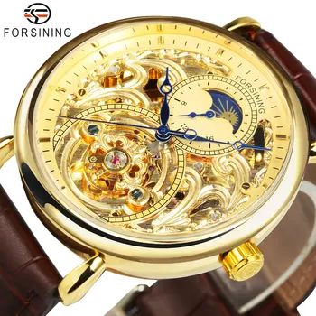 Forsining Royal Gold Skeleton Автоматични часовници за мъже с каишка от естествена кожа, луксозна марка Moon Phase Tourbillon механични часовници