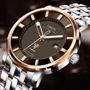 LOBINNI, нов висок клас марка, луксозни два цвята часовник от розово злато с датата, кафяв циферблат, водоустойчив мъжки автоматично механични часовници