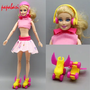 1 комплект модерен кукольной обувки за ролери 2,8 см + слушалки + каска за кукли 1/6 BJD, декоративна играчка, аксесоари за игри на кънки за момичета