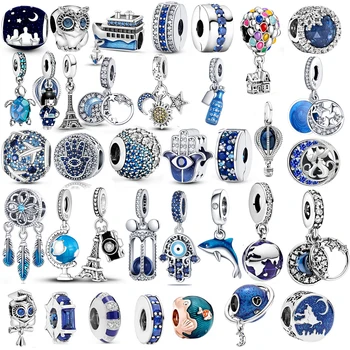 Сребро проба 925, синята серия, Лунен самолет, космически серия, стъклени мъниста, скоба, чар, оригинална гривна Pandora, бижута подарък