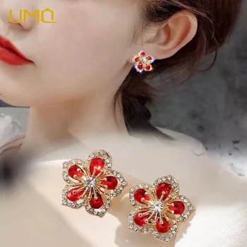 UMQ корея луксозна обици с кристали и цирконием за жени, червени Цветя, сърце, перлени обеци с бантиком, Коледни коледни украси