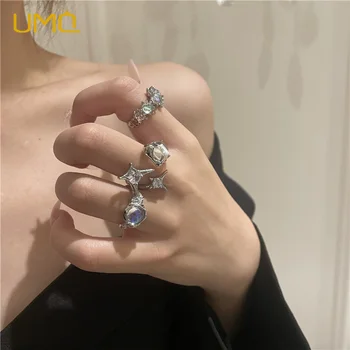 UMQ Готически пръстен с лунен камък с неправилна форма за жени, пръстен със звездна опалом, Естетика пръстени с имитация на перли, Мода декорация