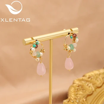XlentAg, нежен елегантен розов кристал, обици капка от естествен камък за жените, обеци с перлената окачване, бижута, подаръци за партита