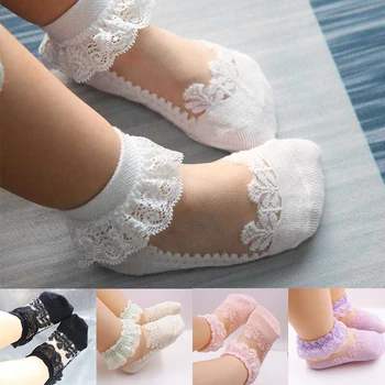 Дантелени окото летни чорапи за новородени, памучни чорапи за малки момичета, прозрачни нескользящие чорапи принцеса с накъдрен