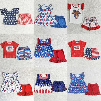 Продажба на едро на дрехи за малките момичета, детски дрехи с принтом звезди, на 4 юли, бутикови дрехи за малките момичета, Панталони с къс ръкав, комплекти