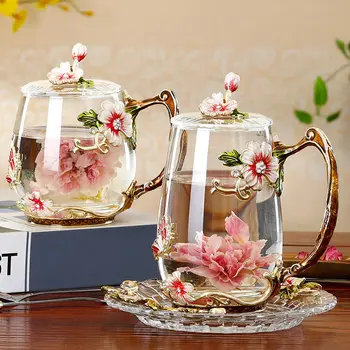 Эмалированная кристален чаша за чай с цветове, удобна чаша за вода, стъклени Домакински кафеена чаша в европейски стил, с дръжка, капак, лъжица, електрическа кана