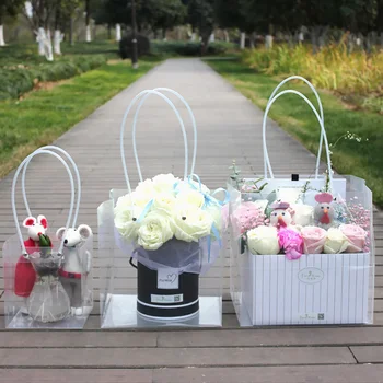 Портативна пластмасова прозрачна чанта-тоут, подарък кутия, опаковки за цветя, квадратна дълга дръжка, стоки за сватба, рожден Ден, Магазин за цветя