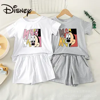 Летен комплект с къси ръкави за момичета Disney с Мики Маус, новост 2023 г., тениски с анимационни герои за момичета и момчета, модни шорти, Комплект от 2 теми