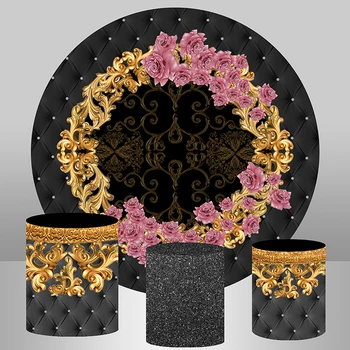 Рамка от Черно Злато, през Цялата калъф с розови цветя за жена за рожден Ден, сватбени партита, кръгли капаци за фон на цокли