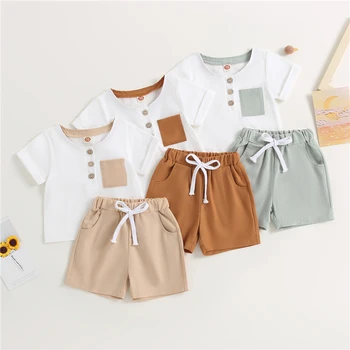Комплект дрехи за малки момчета, 2 бр. тениска контрастен цвят от мек памук с къс ръкав + шорти, детски дрехи, комплекти дрехи за малки момчета