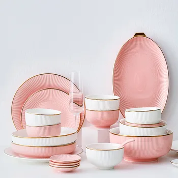 Комплект бяло-розови порцеланови места за хранене ястия и чинии, Луксозна златна керамична чиния, салатница, Трапезария и посуда, Ресторант, Къща