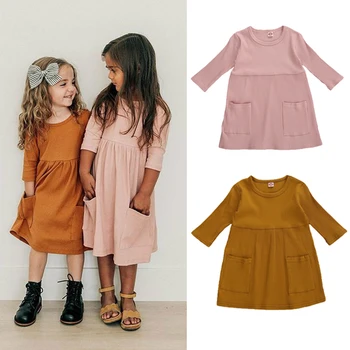 FOCUSNORM, есен трикотажное рокля за малки момиченца, 4 цвята, ръкав три четвърти, плътен джоба рокля с трапецовидна форма с дължина до коляното