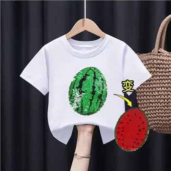 Нова детска памучен тениска с динозавром и ягоди, с променящ се цвят, с шарките на пандите от картун за момчета и момичета