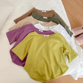2023 Детска лятна тениска, Однотонная Връхни дрехи за момчета и момичета в корейски стил, Дишащи Дрехи за 2-7 години, Свободни детски памучни Основни Цветни Потници