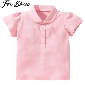 Тениска за момиченца, памучни блузи с къс ръкав и отложным яка, нова модни и ежедневни облекла за деца от 1-7 години