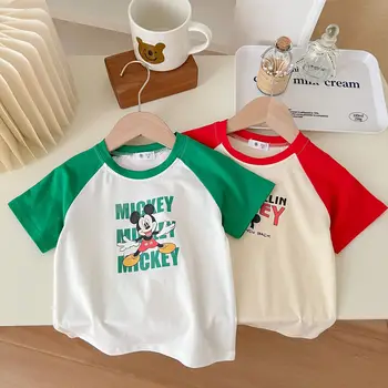 Летни детски ежедневни ризи с къс ръкав в цвят блока за момичета и момчета, върхове с дизайн на Дисни, Мики и Мини Маус, тениски с анимационни принтом