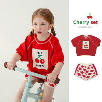 Летни детски тениски и къси панталони за момичета дрехи в червен цвят, детски ризи за момичета, детски ежедневни блузи с черешов принтом, облекло, панталони с анимационни принтом