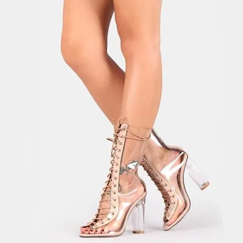 Пикантни прозрачни обувки на ток с отворени пръсти, дамски летни обувки на дантела от PVC в стил мозайка на масивна ток 11 см, ботильоны-гладиатори телесен цвят