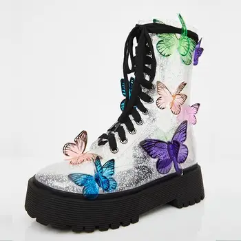 Модни прозрачни ботильоны с многоцветни пеперуди, дамски обувки на платформа с шнур и кръг пръсти на маффиновой подметка, масивна обувки