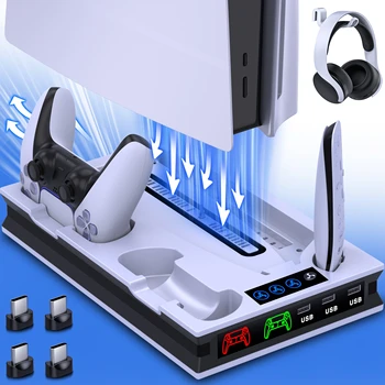 Вертикална охлаждаща поставка за конзола PS5 с 4 ключовете за зареждане, докинг станция за бързо зареждане на безжичния контролер Playstation5