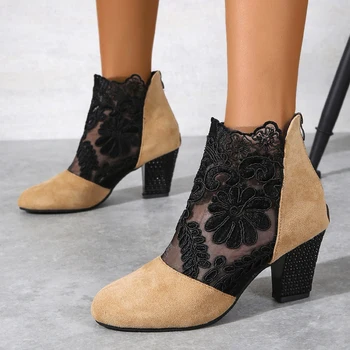 2023 Летни нови тънки мрежести сандали на високи токчета, женските модни римски сандали в голям размер, с кръгло бомбе на масивна ток