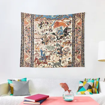 Син антикварен персийски исфаханский копринен килим с цветя, гоблени с животни принтом за декор на стаята