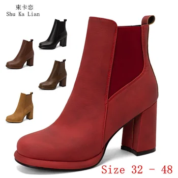 Демисезонные дамски обувки до средата на прасците, обувки на висок ток 8,5 см, женски къси ботуши, дамски обувки, малко по-големи размери 32-48