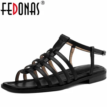 FEDONAS/ най-новите дамски сандали в римски стил в стил ретро; летни гладиатори от естествена кожа на нисък ток; ежедневни работна дамски обувки с тесен каишка;