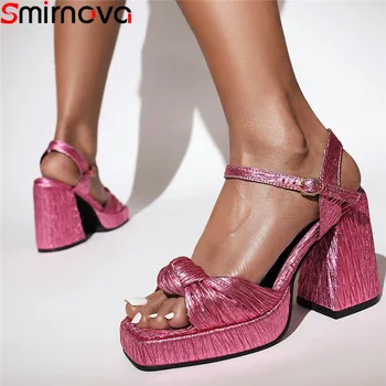 Smirnova 2022, Нови нагънат синтетични дамски сандали с катарама на дебел висок ток и платформа, модни дамски модел обувки
